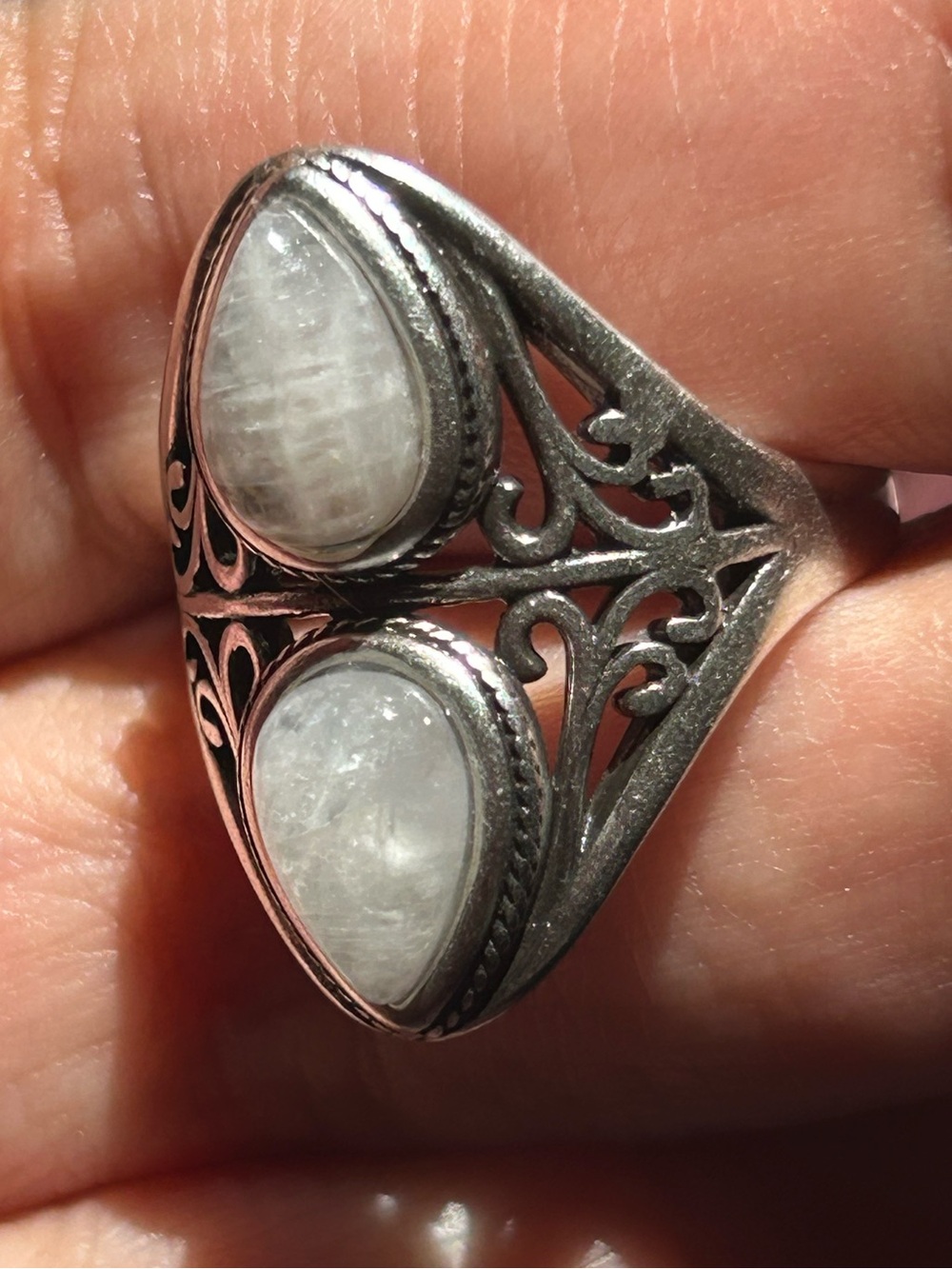 Sterling Silver S925 Double Teardrop Moonstone Ring Size 7 Crystal New